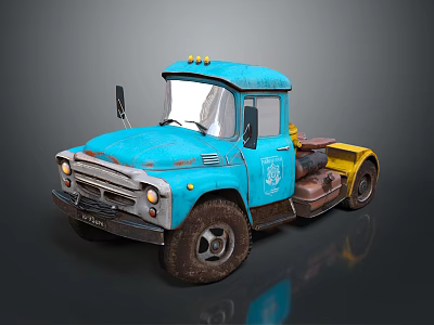 Vintage Blue and Yellow Truck with Weathered Exterior and Classic Design Features 3d model