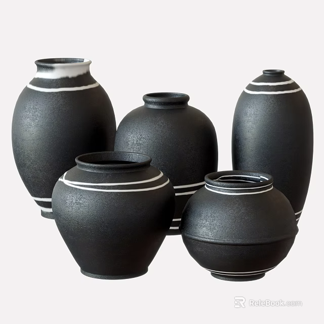Multiple Black Ceramic Vessels with White Stripes for Stylish Home Decor 3d model 