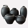 Multiple Black Ceramic Vessels with White Stripes for Stylish Home Decor 3d model