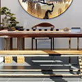 Traditional Chinese Teahouse Interior Featuring Circular Landscape Painting Calligraphy And Wooden Furniture