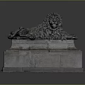 Artistic Carved Stone Lion Sculpture with Detailed Mane Resting on Pedestal Base