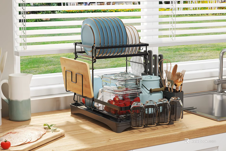 Multilayer Bathroom Cabinet Rack with Toiletries Cups and Towel Storage Near Window Countertop 3d model 