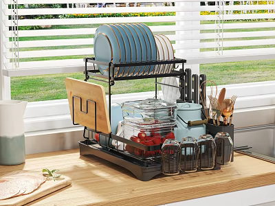 Multilayer Bathroom Cabinet Rack with Toiletries Cups and Towel Storage Near Window Countertop 3d model