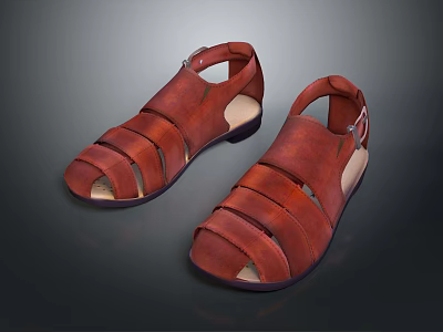 Red Leather Open Toe Sandals With Strap Design And Comfortable Sole 3d model