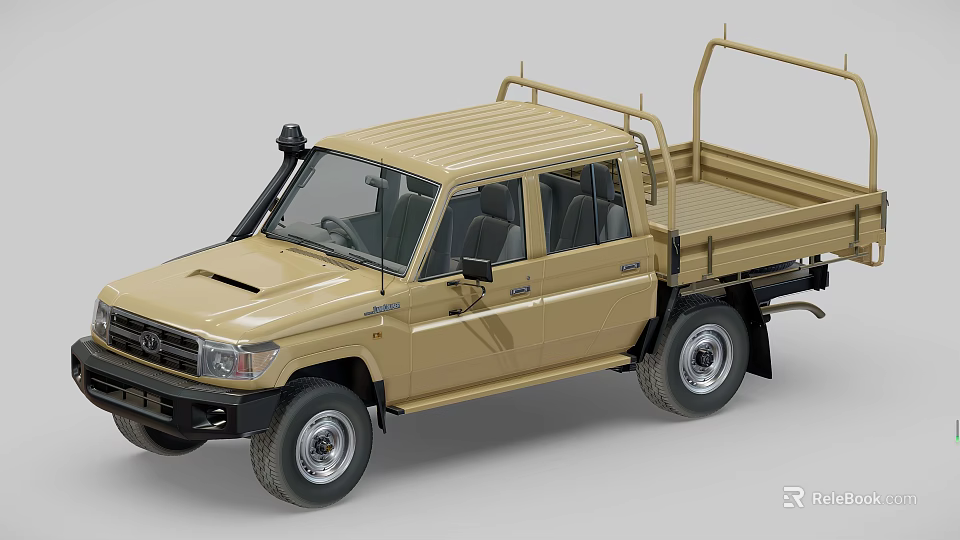 Beige Utility Pickup Truck With Double Cab Open Cargo Bed And Roof Rack 3d model 