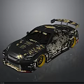Black Sports Car With Gold Patterns Rear Spoiler And Yellow Wheels On Black Background