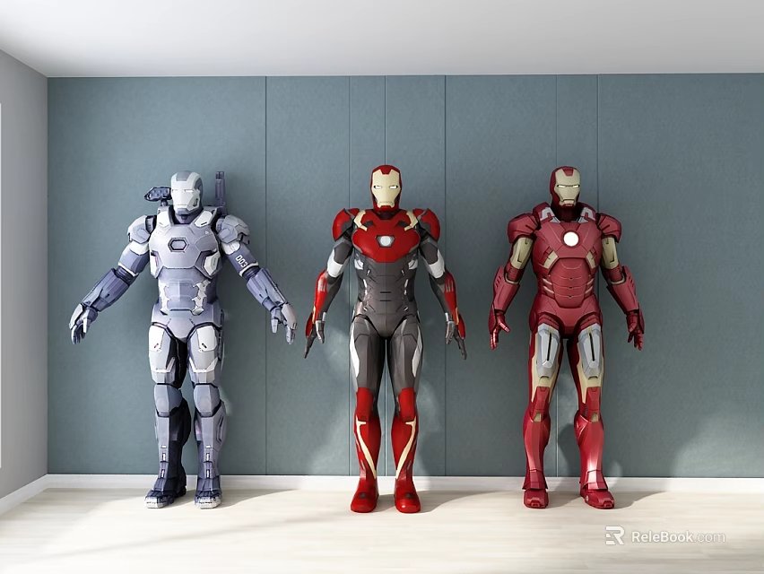 Three Iron Man Game Movie Characters With Detailed Armor Standing Against Wall 3d model 
