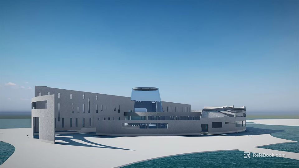 Modern Commercial Complex With Glass Curtain Wall Unique Architecture And Waterfront View 3d model 