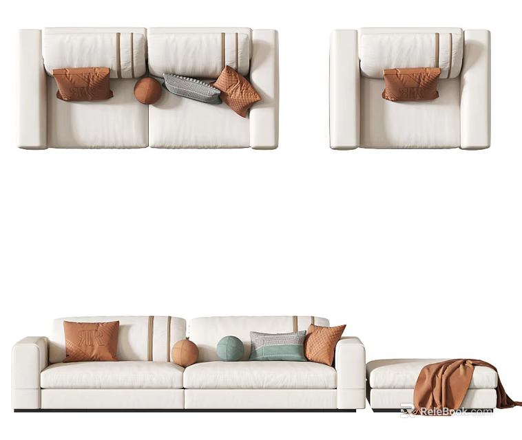 Modern White Sofa Set with Various Colored Pillows and Ottoman Blanket 3d model