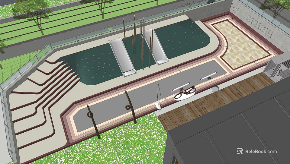 Modern Children's Play Area With Climbing Structures Paved Paths And Green Lawns 3d model 
