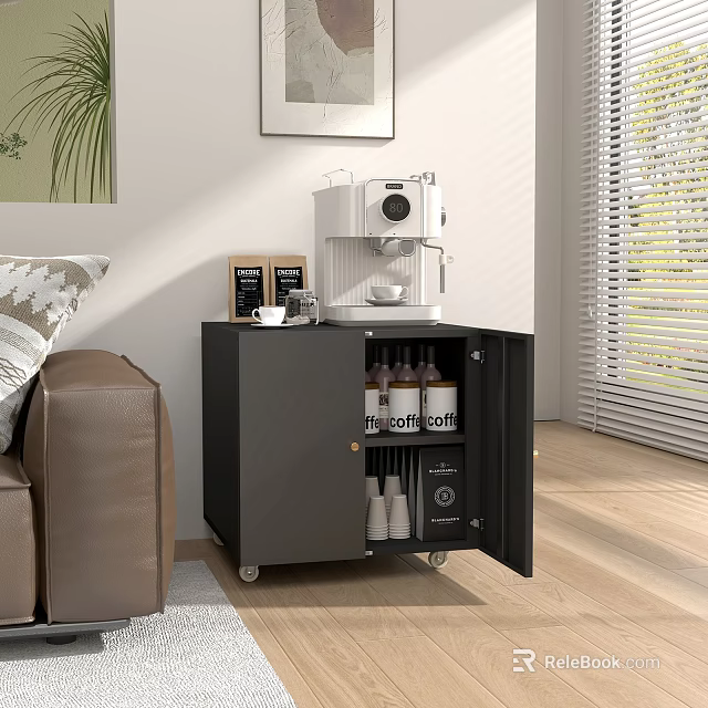 Living Room With Brown Sofa Black Rolling Cabinet Coffee Machine Blinds Wooden Floor Framed Artwork 3d model 