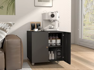 Living Room With Brown Sofa Black Rolling Cabinet Coffee Machine Blinds Wooden Floor Framed Artwork 3d model