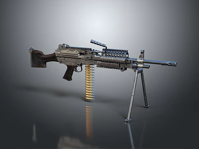 Tactical Military Machine Gun With Tripod Stand And Ammunition Belt Setup 3d model