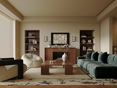 Cozy Living Room with Green Sofa Bean Bag Chair Wooden Coffee Table Fireplace and Bookshelves 3d model