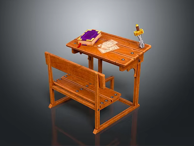 Wooden Study Desk And Bench Furniture With Book Bread And Items 3d model