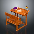 Wooden Study Desk And Bench Furniture With Book Bread And Items