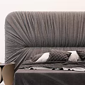 Gray Pleated Velvet Double Bed With Plaid Pillows And Dark Bed Sheets