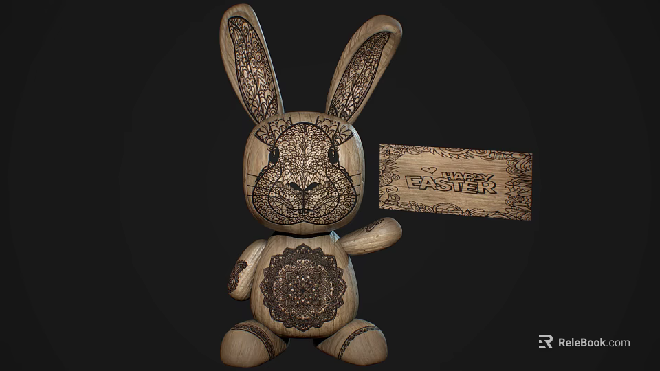 Wooden Rabbit Doll With Intricate Carved Patterns Holding Easter Sign 3d model