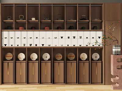Elegant Modern Display Cabinet With Tea Sets White Drawers Black Triangular Patterns And Golden Handles 3d model