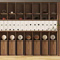 Elegant Modern Display Cabinet With Tea Sets White Drawers Black Triangular Patterns And Golden Handles 3d model