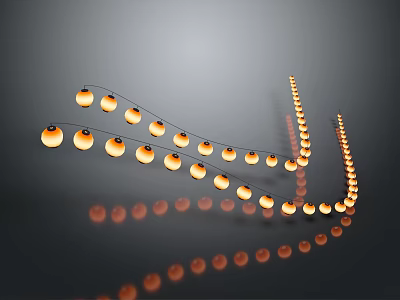 Yellow Hanging Lantern String Lights With Reflections On Black Background 3d model