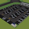 Aerial View of Parking Lot with Many Cars Surrounded by Green Trees and Building