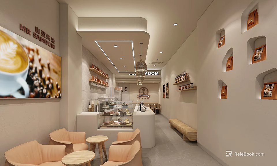 Modern Café Interior Design With Cake Display Counter Sofa Chairs Round Tables And Decorative Paintings 3d model 