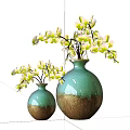 Decorative Green Plants in Two Ceramic Vases with White and Yellow Leaves