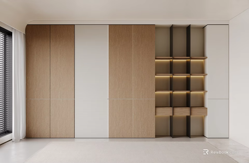 Modern Wooden Bookcase Interior Design With Spacious Shelves And Built In Lighting 3d model 