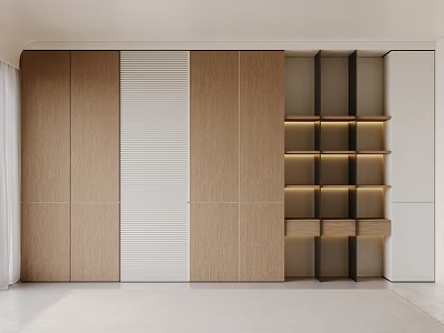 Modern Wooden Bookcase Interior Design With Spacious Shelves And Built In Lighting 3d model