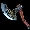 Intricately Designed Battle Axe With Wooden Handle Metal Blade And Golden Patterns