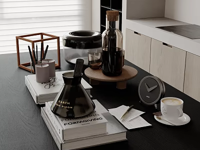 Modern Kitchen Countertop With Coffee Maker Books Cup Clock And Decorative Bottle 3d model