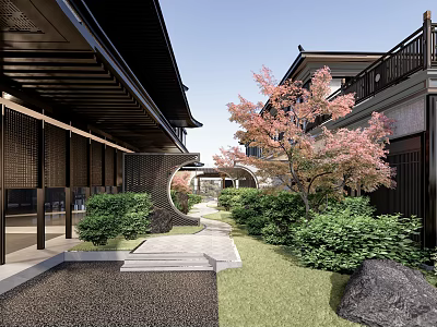 Beautiful Traditional Courtyard Garden With Stone Path Green Shrubs And Flowering Trees 3d model