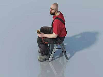 Man in red T-shirt red overalls sitting on folding stool holding cup on gray floor 3d model