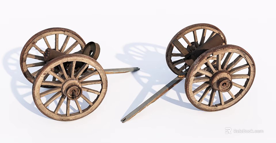 Historical Cannons With Large Wooden Wheels And Metal Barrels As Ancient Weapons 3d model 