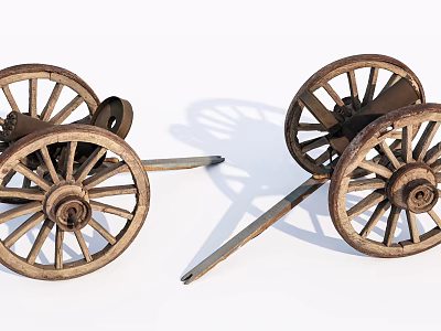 Historical Cannons With Large Wooden Wheels And Metal Barrels As Ancient Weapons 3d model