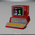 Vintage Red Retro Computer System With Monitor And Yellow Keyboard Design