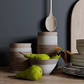 Stylish Kitchenware Display With Hanging Mugs Wooden Spoon Chopping Boards Jars And Bowls