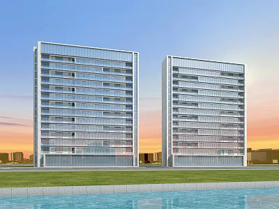 Modern High Rise Apartment Buildings With Grass Lawn And Water Pool At Sunset 3d model