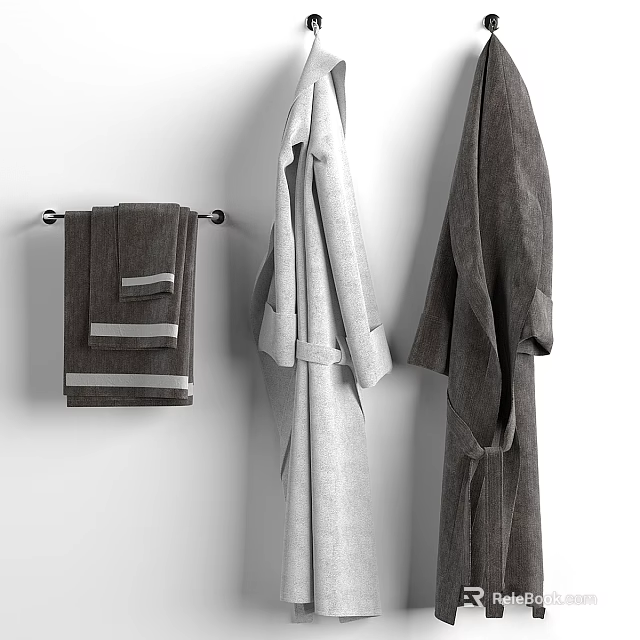 Quality Gray Bath Towels and Soft Robes Hanging on White Wall for Daily Use 3d model 