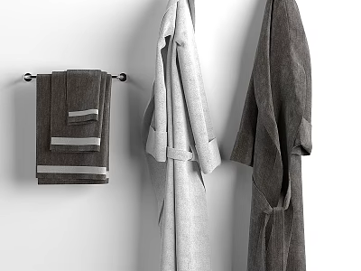 Quality Gray Bath Towels and Soft Robes Hanging on White Wall for Daily Use 3d model