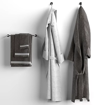 Quality Gray Bath Towels and Soft Robes Hanging on White Wall for Daily Use 3d model