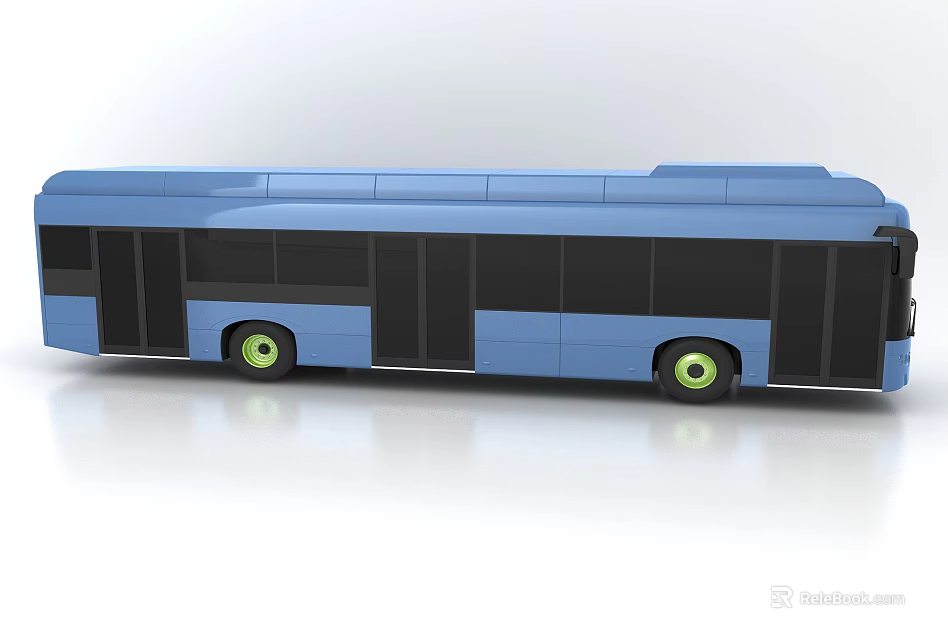 Modern Blue Bus With Black Windows And Green Wheels On White Background 3d model 