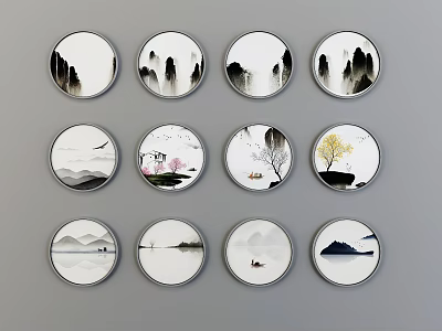 New Chinese Style Round Frame Painting Round Hanging Painting Multi-link Decorative Hanging Painting 3d model