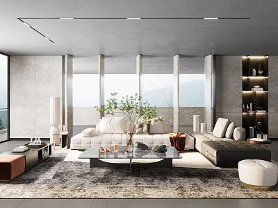 Modern Spacious Living Room With Natural Light Comfortable Sofas And Plants 3d model