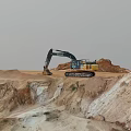 DEERE Yellow Excavator Working On Construction Site With Dirt Ground And Soil Pile