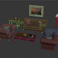 Red Leather Sofa Coffee Table Set With Gray Pillows Side Table Gold Framed Wall Painting and Floor Lamp
