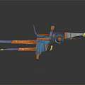 Futuristic Sci-Fi Weapon With Vibrant Blue Orange Gray Hues And Mechanical Barrel Design