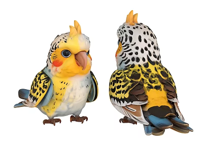 Two Colorful Parrot Stuffed Toys With Yellow Blue Black Spotted Feathers Front Back Views 3d model