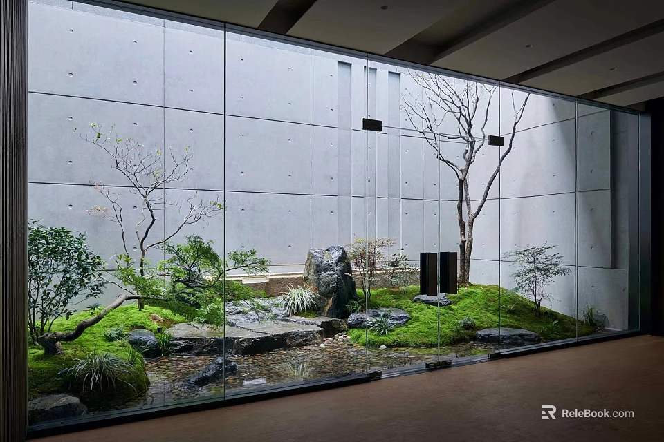 Serene Indoor Garden With Glass Walls Bare Trees Green Plants Moss Stones And Water Feature 3d model 